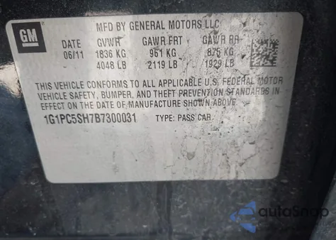 2011 Chevrolet Cruze Ls z USA, uszkodzony, nr VIN 1G1PC5SH7B7300031